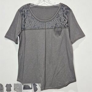 Lululemon Run Away Tee Womens 10 Leopard Print Pocket Shirt Gray